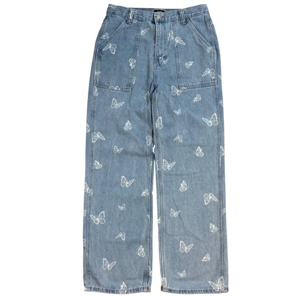 Simple Society Women's Butterfly AOP High Rise Straight Leg Jeans Blue 9/29 Y2K